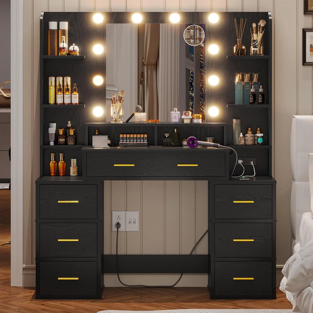Black Glass Top Vanity Desk with Mirror and Lights J593039