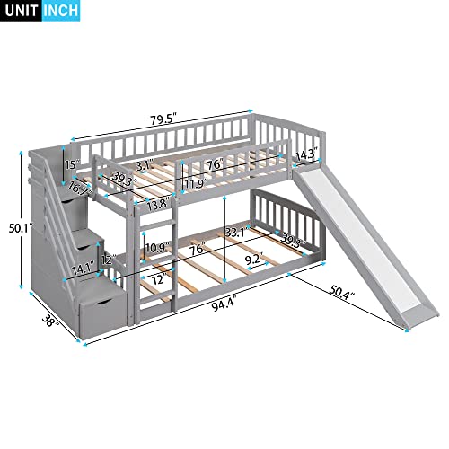 Twin Size Wood Loft Bed with Slide and Storage Shelves Q270053