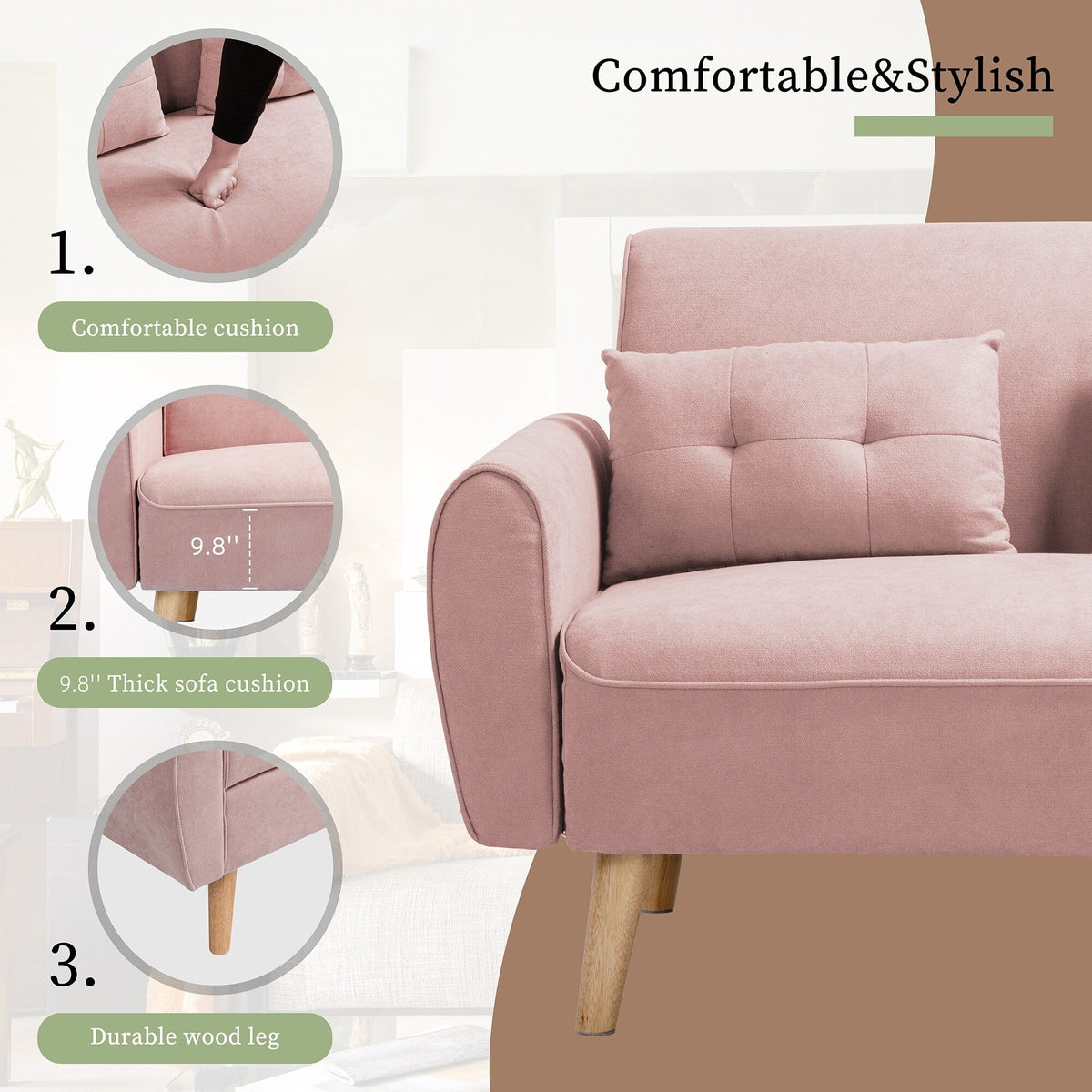 47" Small Modern Pink Loveseat Sofa O9867