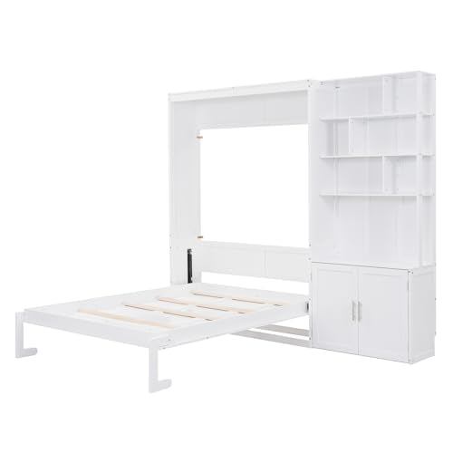 White Full Size Wood Murphy Bed with Storage Shelves and Cabinet Z180514