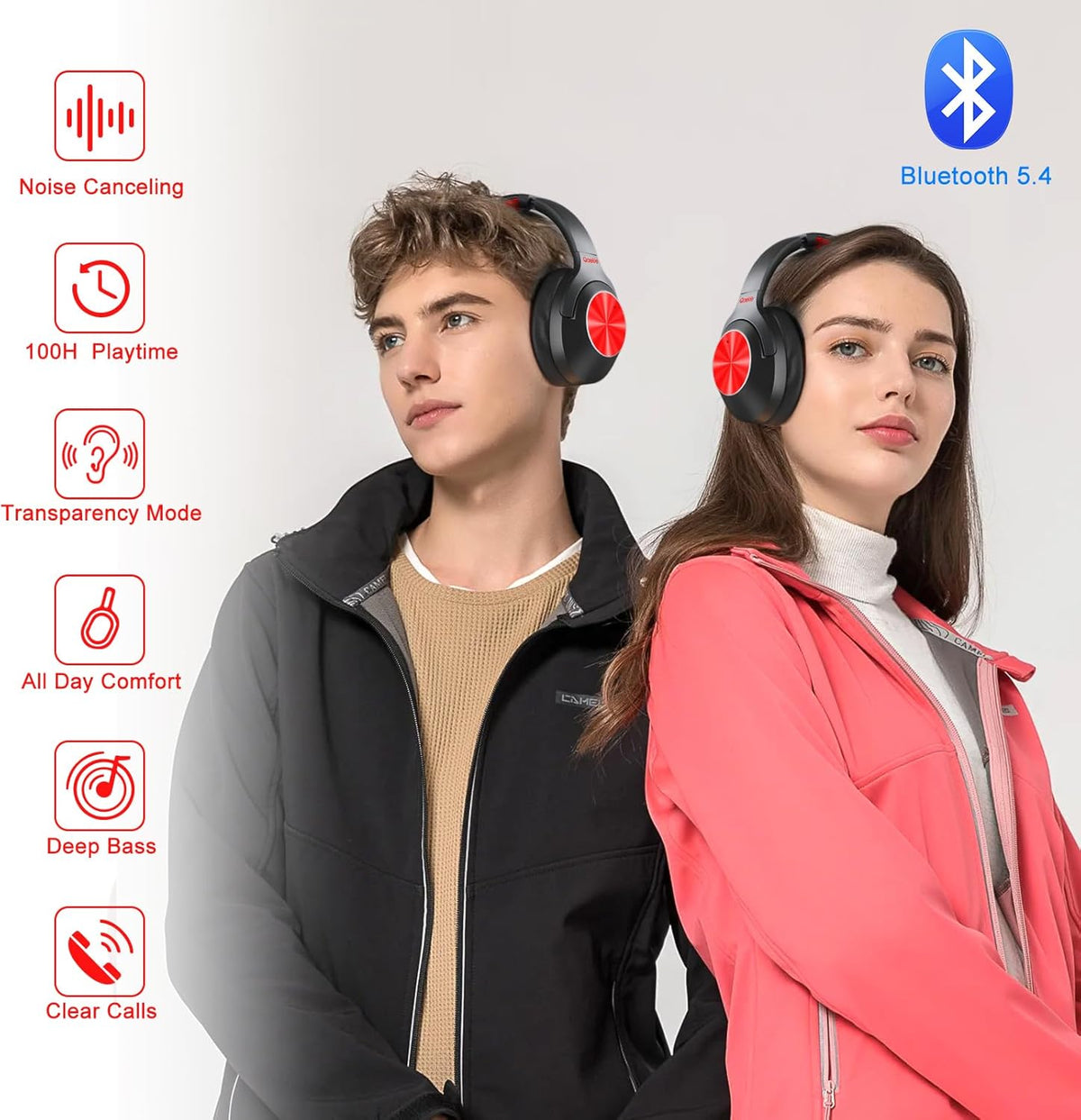 Hybrid Active Noise Cancelling Over Ear Bluetooth Headphones, 100H Playtime T136724