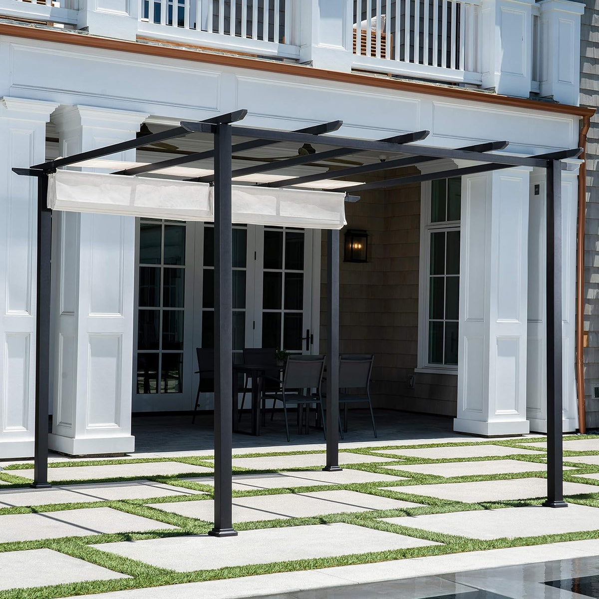 Aluminum and Steel Pergola with Adjustable Sling Canopy V56333
