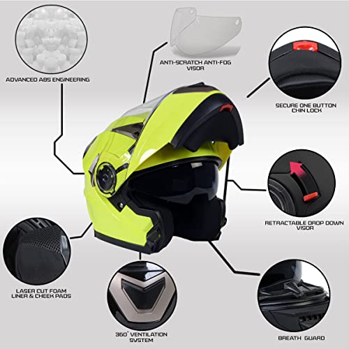 Neon Yellow Motorcycle Modular Helmet with Drop Down Visor S798