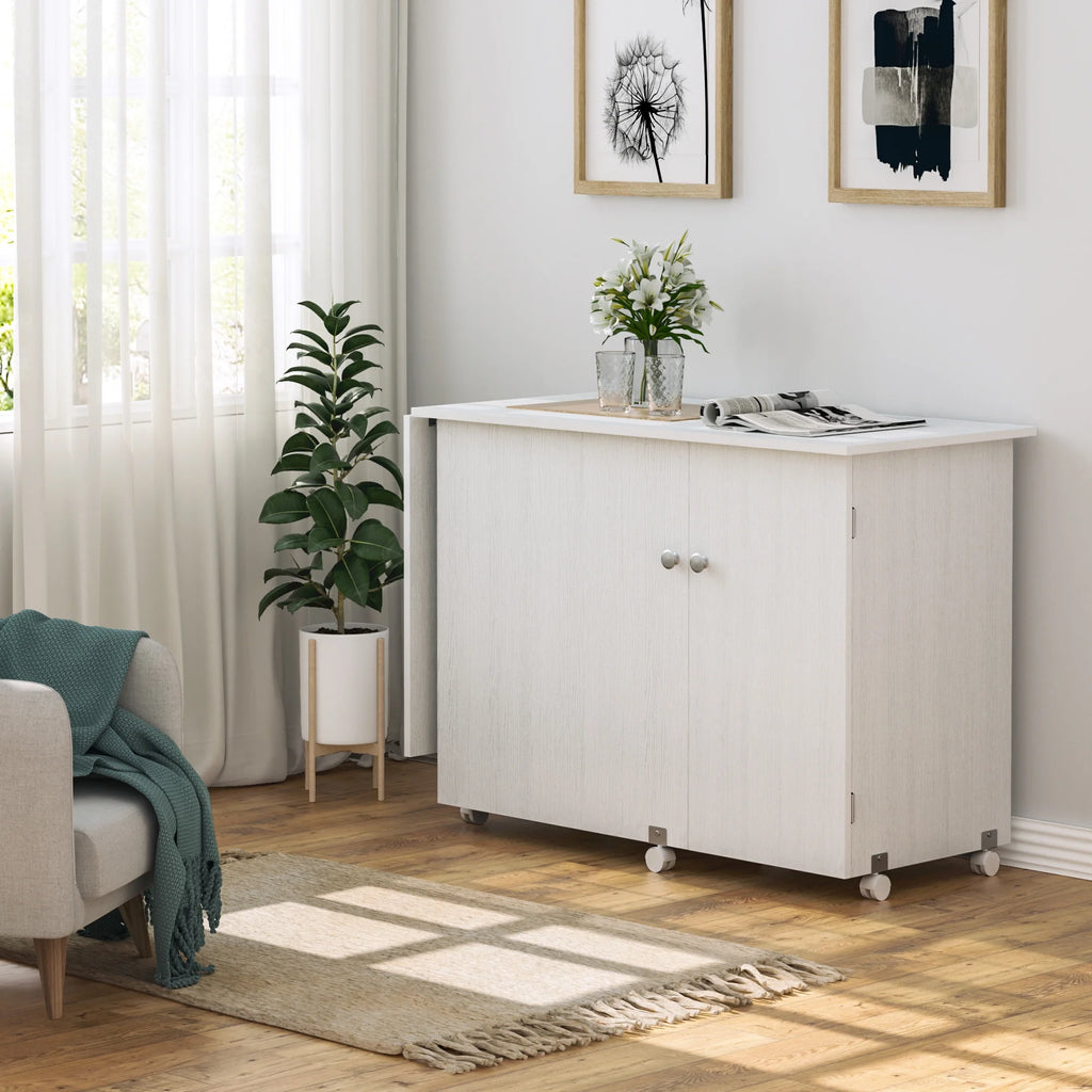 White 63 Inch Folding Sewing Machine Table with Storage Shelves I8977