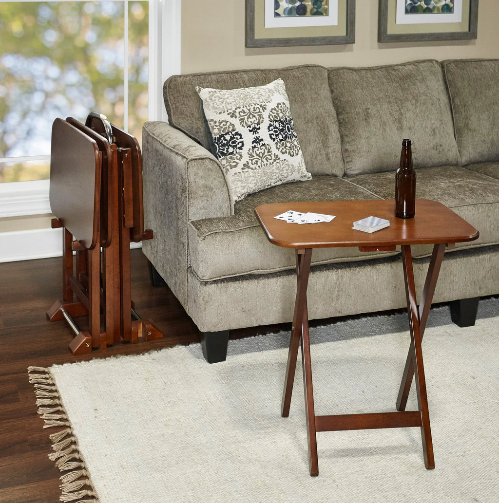 Folding Tray Table Set with Stand, 5 Pieces, Dark Cherry and White H256
