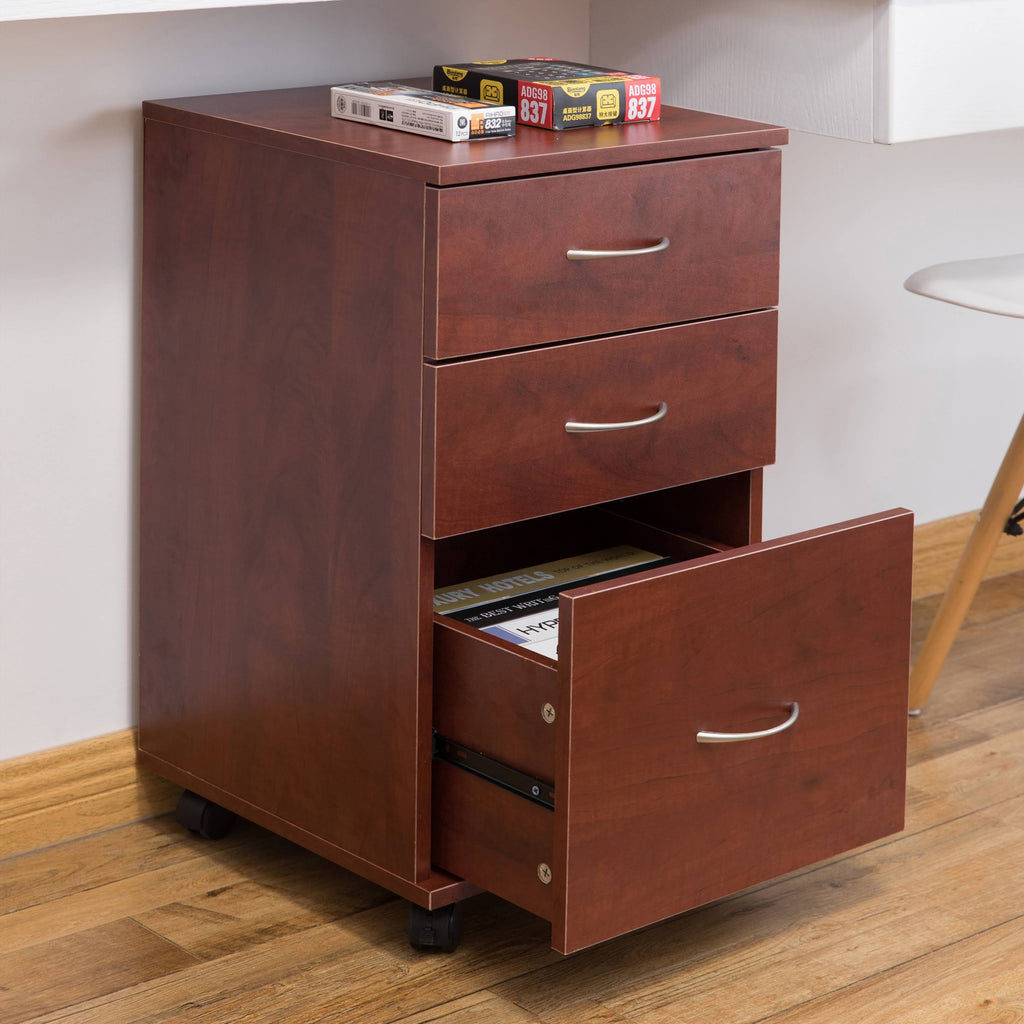 Cherry 3 Drawer File Cabinet with Rolling Casters N2805