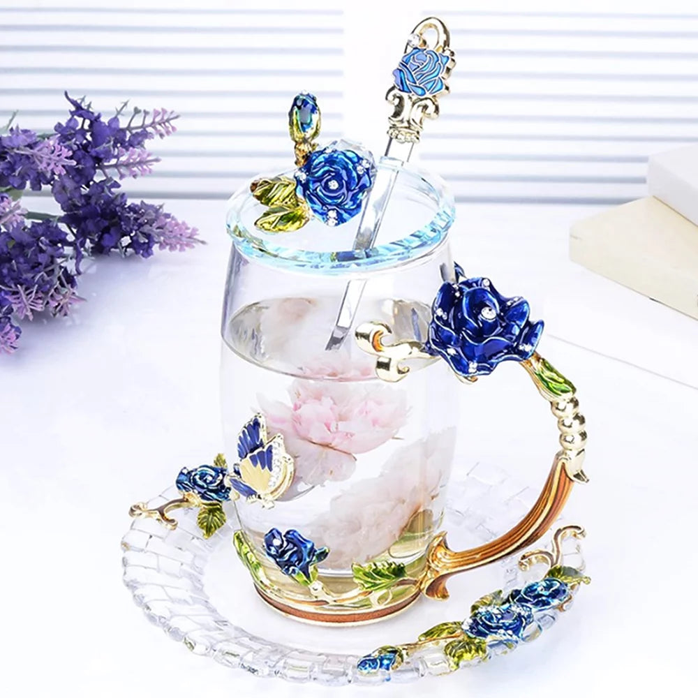 Blue Glass Tea Cup with Lid Coaster Spoon 18oz B50506