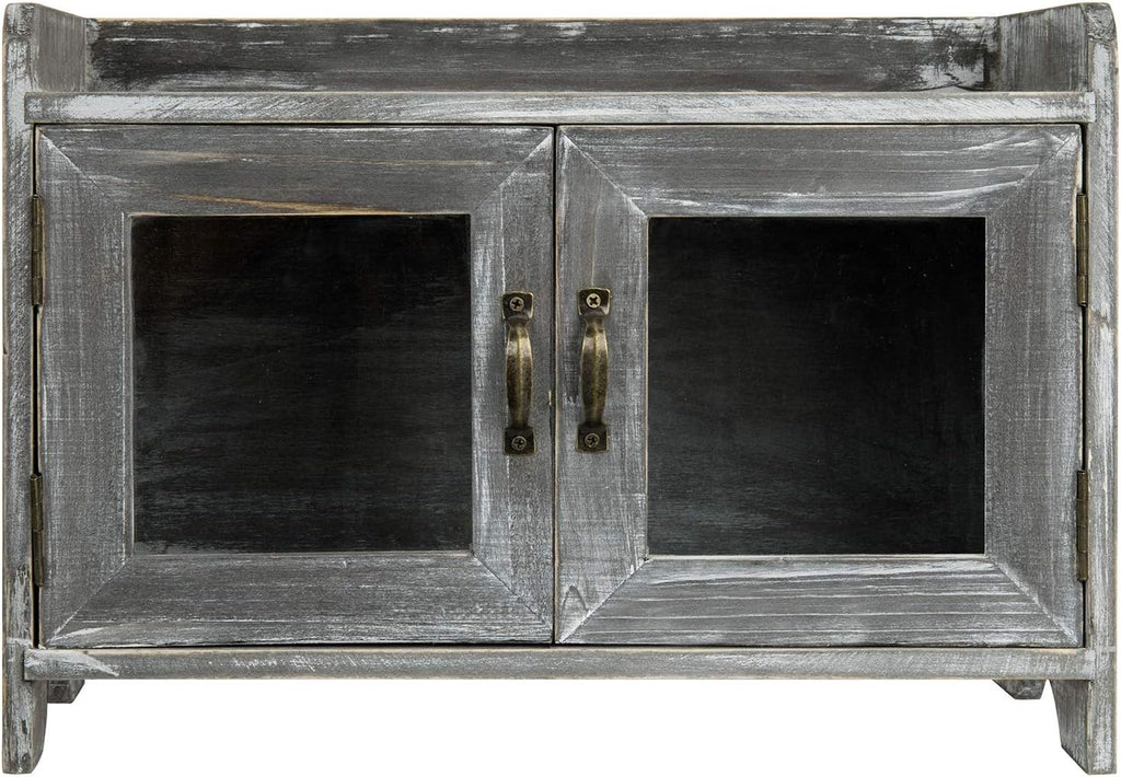 Rustic Gray Whitewashed Wood Counter Top Storage Cabinet with Glass Windows T94466