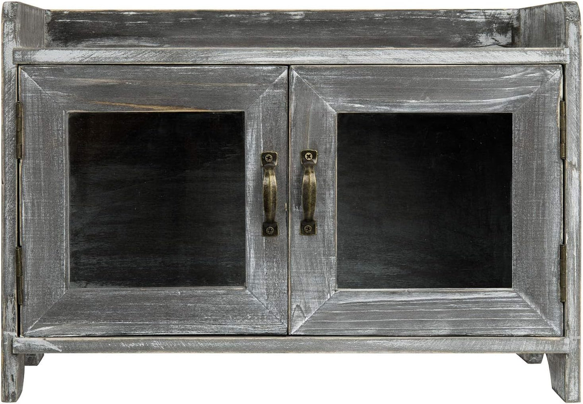 Rustic Gray Whitewashed Wood Counter Top Storage Cabinet with Glass Windows T94466
