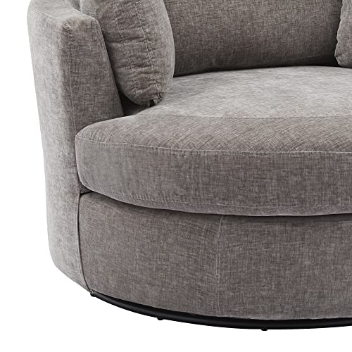 Beige Oversized Round Chenille Swivel Accent Barrel Chair with 3 Pillows W925