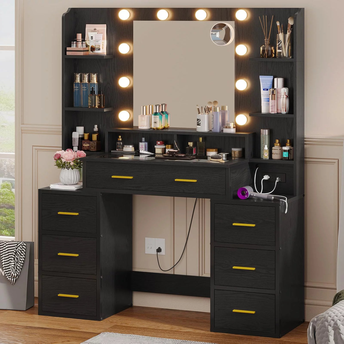 Black Glass Top Vanity Desk with Mirror and Lights J593039
