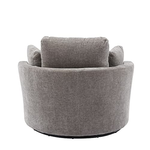 Beige Oversized Round Chenille Swivel Accent Barrel Chair with 3 Pillows W925