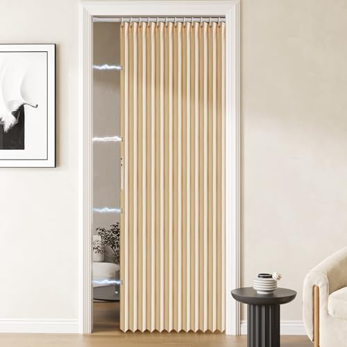 Magnetic Pleated Folding Door Curtain (Brown, 42" W x 78" L) with Rod A5700