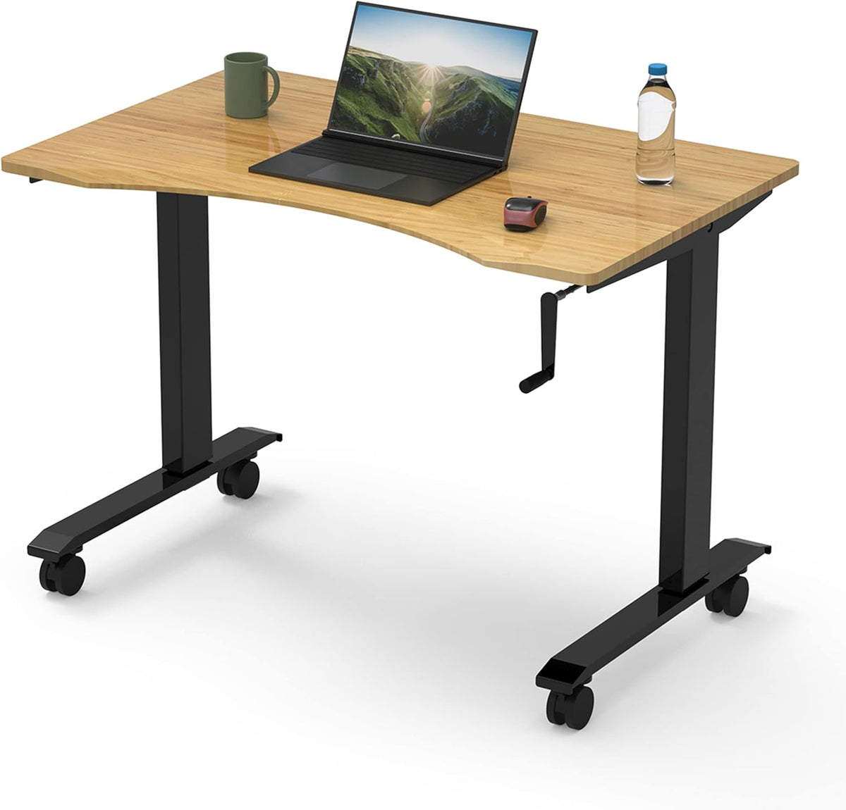 Crank Adjustable Height Rolling Standing Desk, Curved Bamboo Top, 48" Wide N106