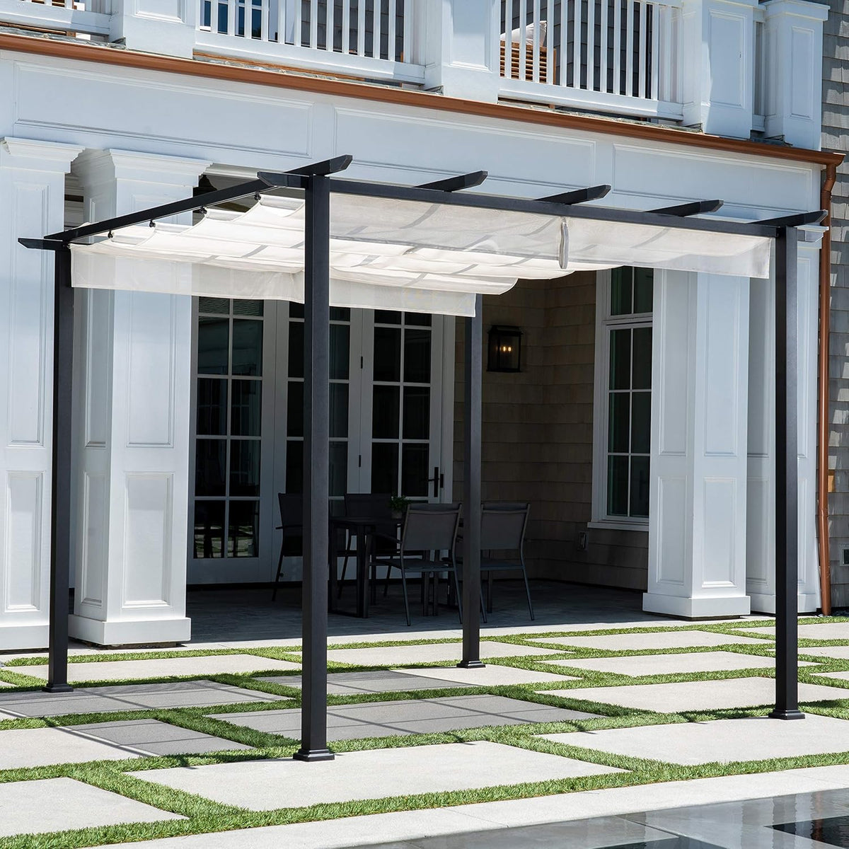 Aluminum and Steel Pergola with Adjustable Sling Canopy V56333