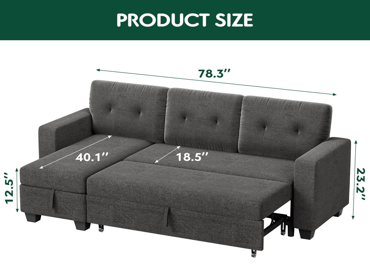 78.3'' W Convertible L-Shape Sofa with Storage Chaise and Pull-out Sofa Bed, Gray C503384