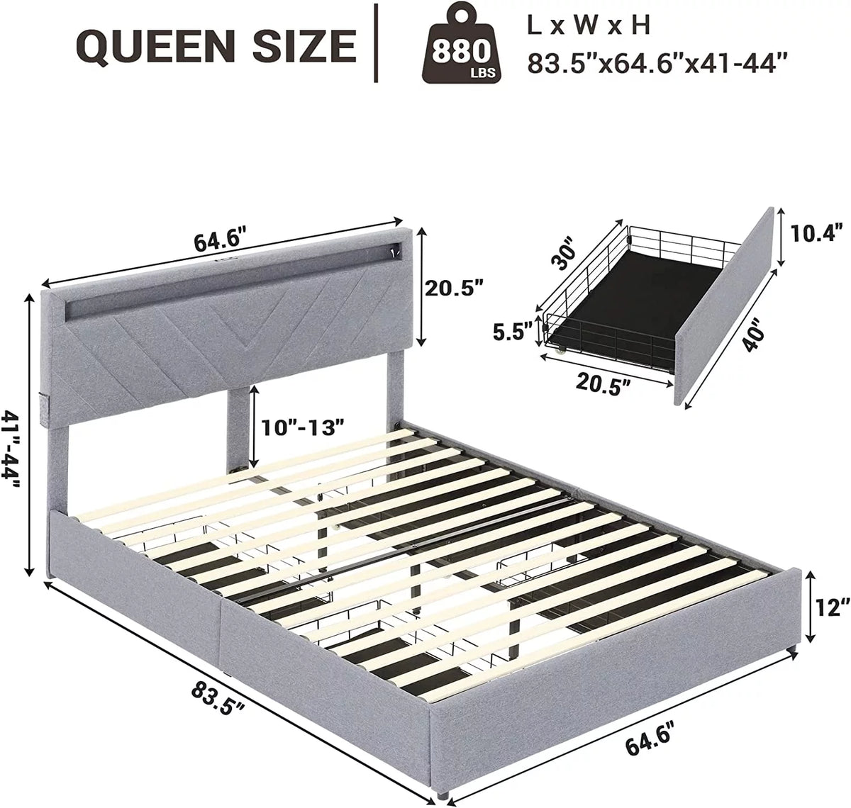 Queen Bed Frame with LED Lights Headboard, 4 Drawers, 2 USB Charging Station, Upholstered Platform Bed, Dark Gray O7775