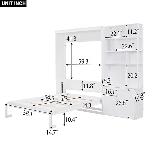 White Full Size Wood Murphy Bed with Storage Shelves and Cabinet Z180514
