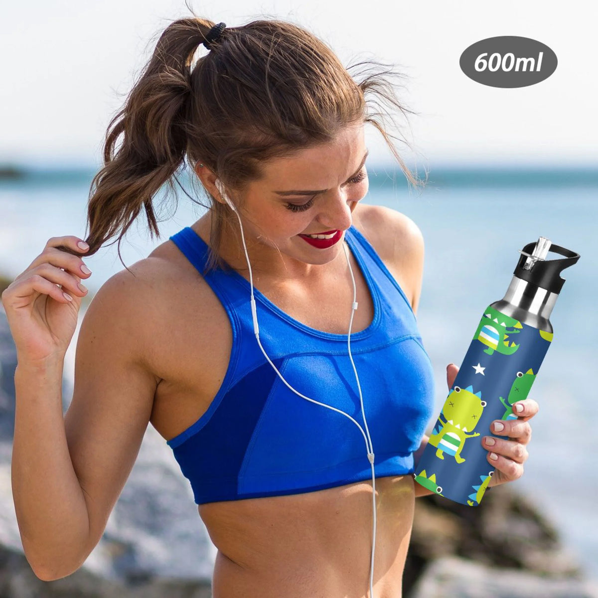 Green Dinosaur Blue Stainless Steel Insulated Water Bottle with Straw Lid V591