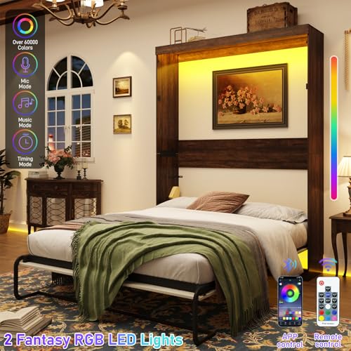 Queen Size Wood Wall Bed with LED Lights T27251