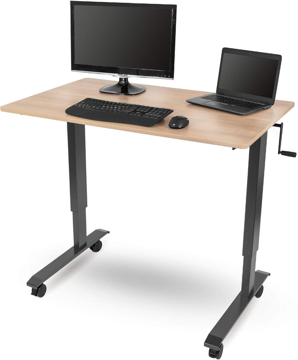 Crank Adjustable Height Rolling Standing Desk, Curved Bamboo Top, 48" Wide N106