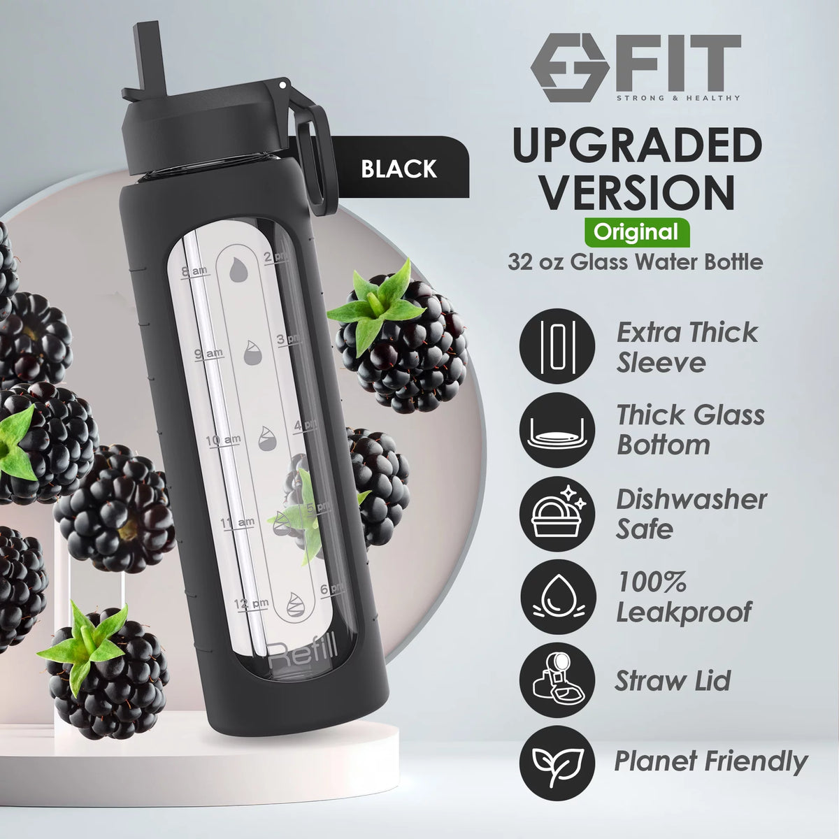32 oz Glass Water Bottle with Time Marker and Carrier M85538