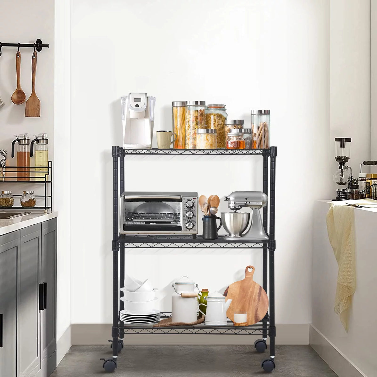 3-Tier Black Adjustable Wire Shelving Unit with Wheels H20340