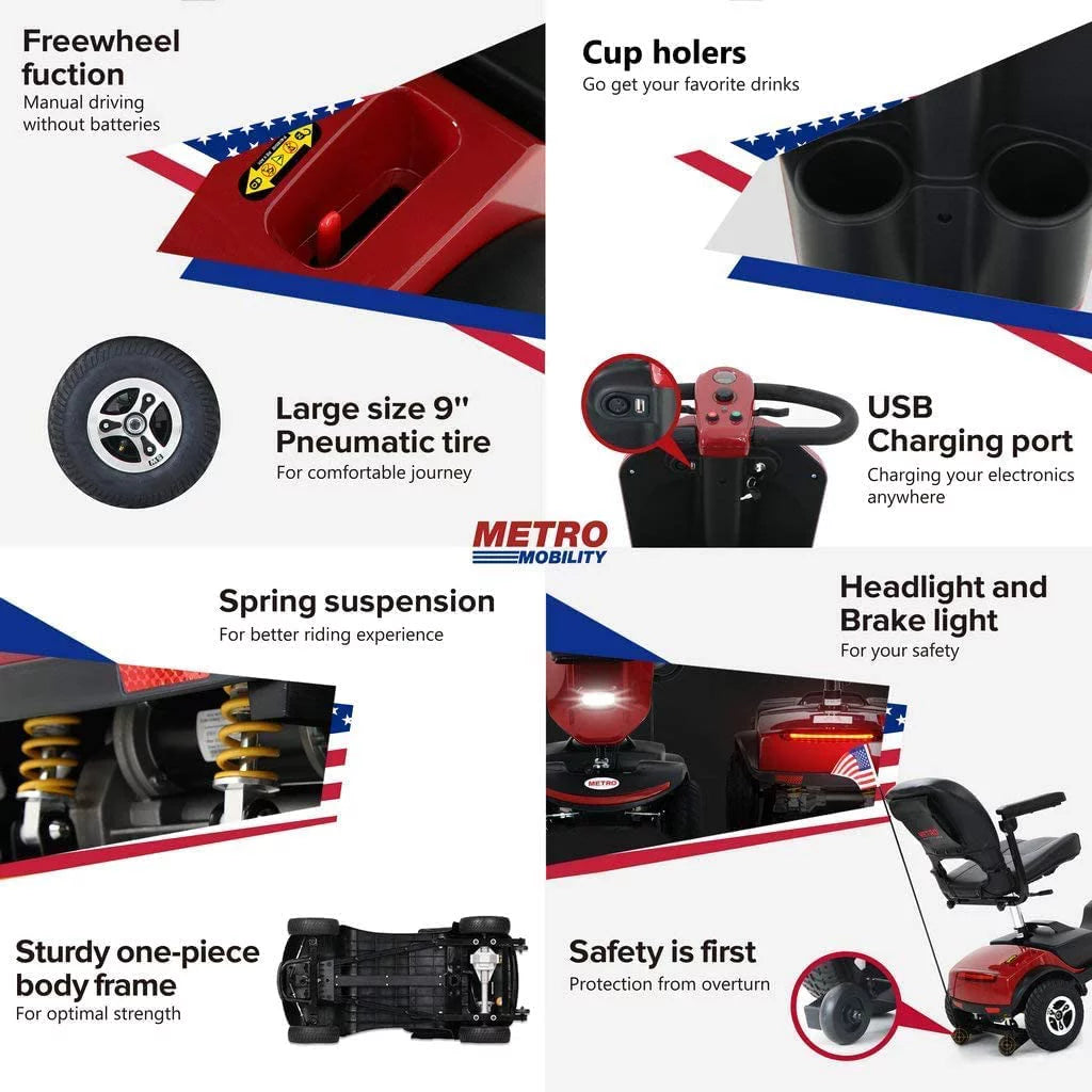 Folding 4 Wheels Mobility Scooter with USB Charging Port, Windshield, LED Light - Red P289