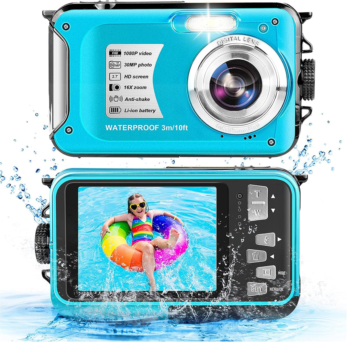 Waterproof Camera 1080P Full HD 30MP Underwater Camera 10FT Anti-Shake 16X Zoom Digital Waterproof Camera Blue D6902