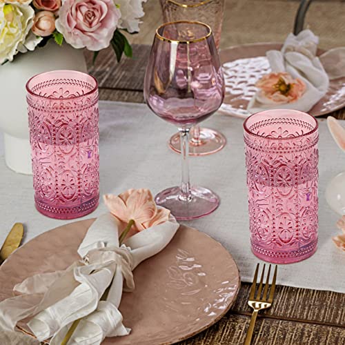 6 Pack Pink 12oz Highball Embossed Beverage Glass Cup L53404