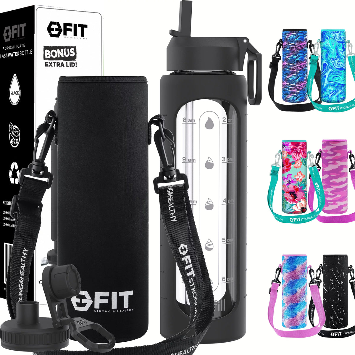 32 oz Glass Water Bottle with Time Marker and Carrier M85538