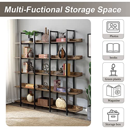 Black Triple Wide 5 Tiers Industrial Bookshelf with Metal Frame Y1466