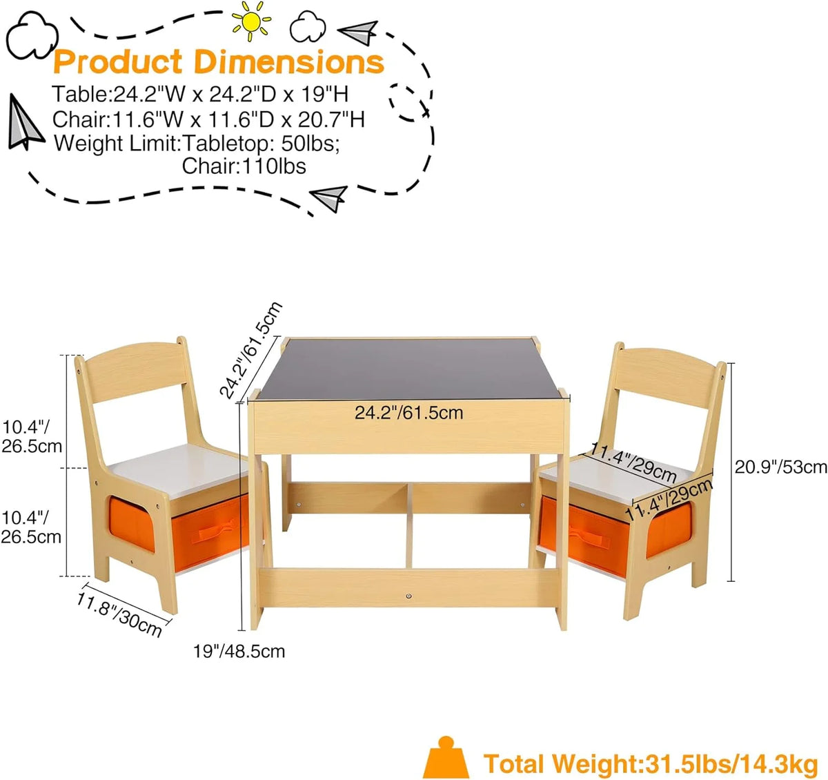 Kids Table and Chair Set with Storage Drawers K4414