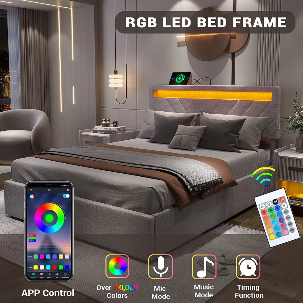 Queen Bed Frame with LED Lights Headboard, 4 Drawers, 2 USB Charging Station, Upholstered Platform Bed, Dark Gray O7775