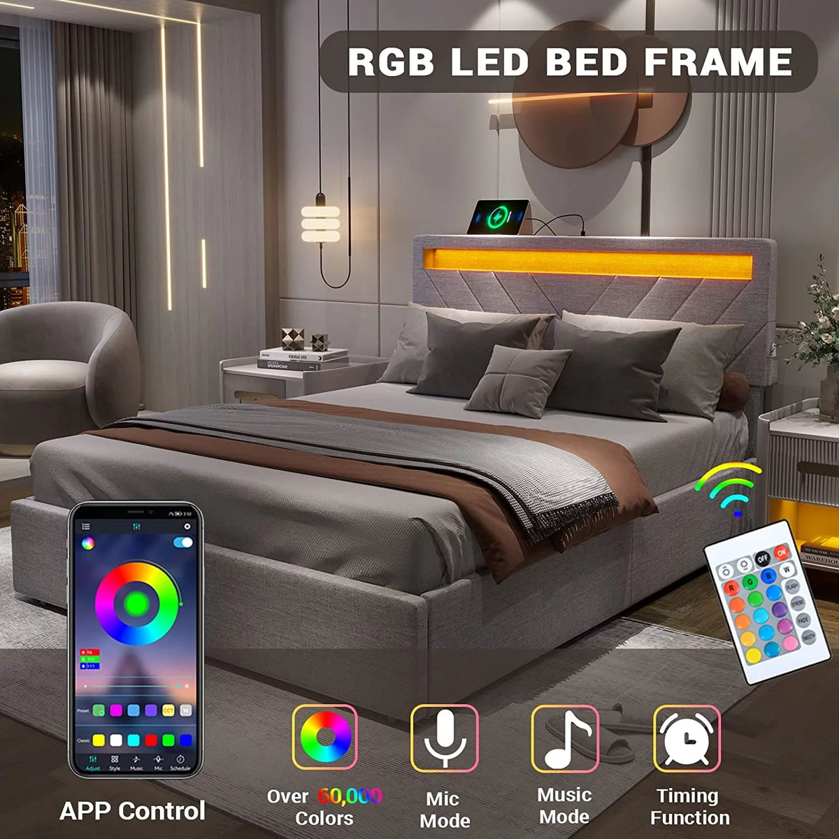 Queen Bed Frame with LED Lights Headboard, 4 Drawers, 2 USB Charging Station, Upholstered Platform Bed, Dark Gray O7775