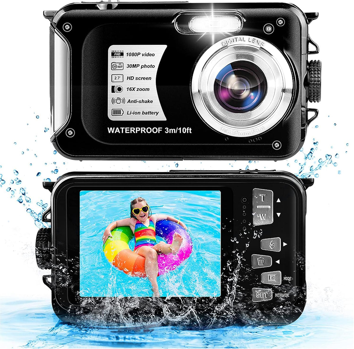 Waterproof Camera 1080P Full HD 30MP Underwater Camera 10FT Anti-Shake 16X Zoom Digital Waterproof Camera Blue D6902