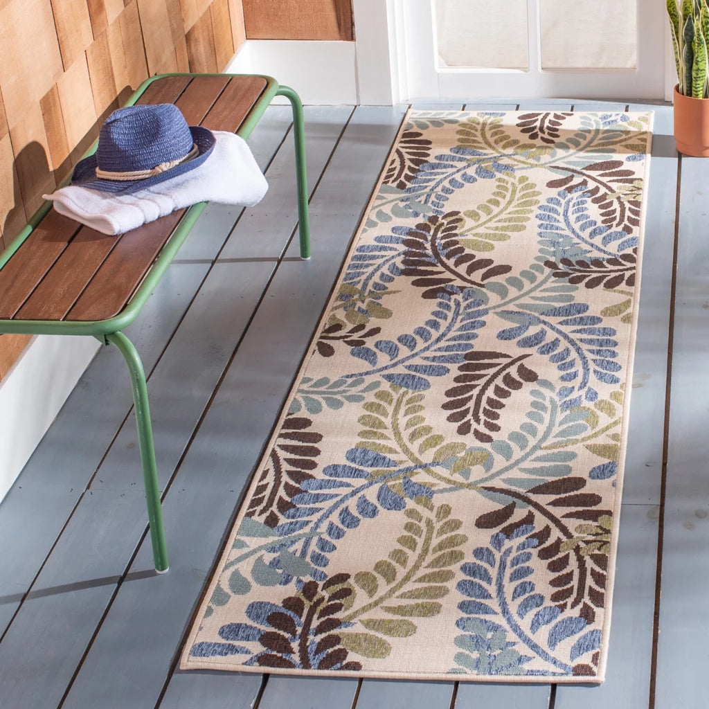 Cream Aqua Floral Indoor/Outdoor Area Rug F229233