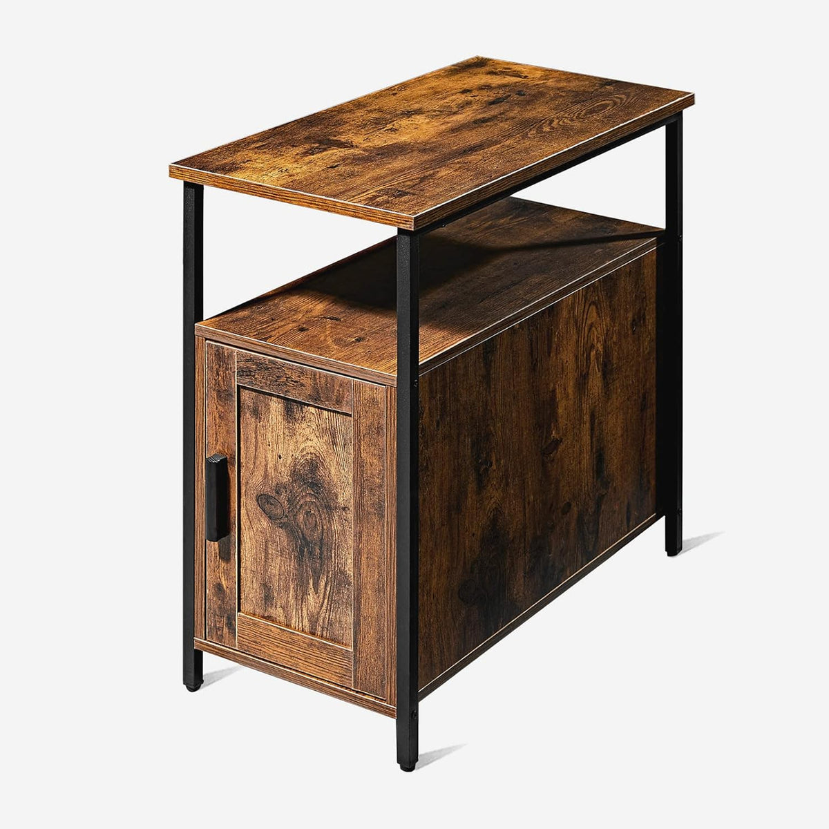 Rustic Brown Wooden End Table with Shelf and Storage Cabinet O153