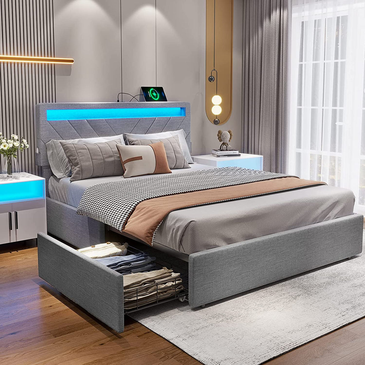 Queen Bed Frame with LED Lights Headboard, 4 Drawers, 2 USB Charging Station, Upholstered Platform Bed, Dark Gray O7775