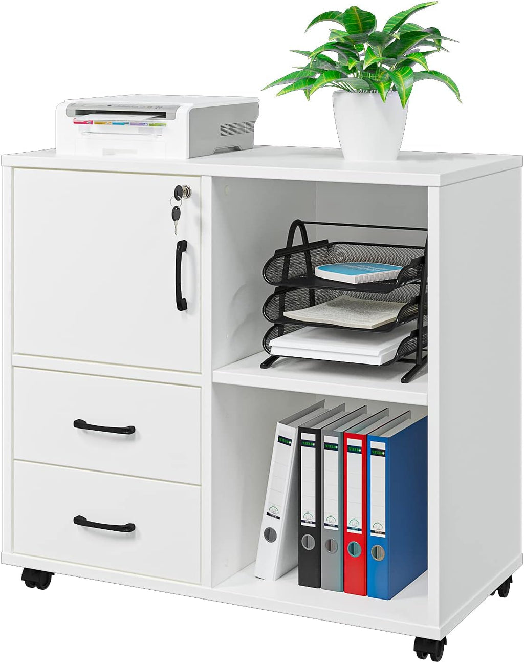 White Rolling Office Storage Cabinet with 2 Drawers and 3 Shelves G5437