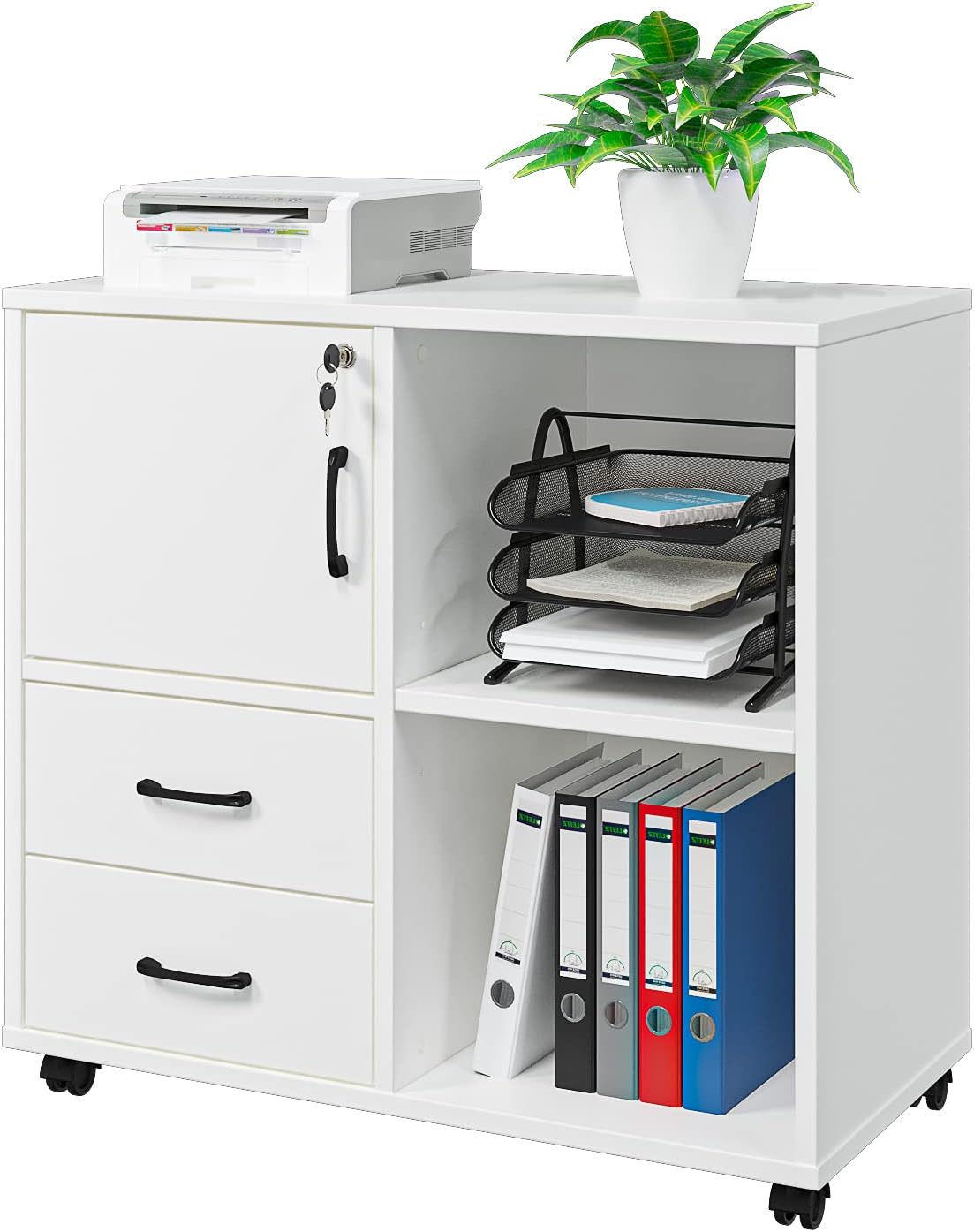 White Rolling Office Storage Cabinet with 2 Drawers and 3 Shelves G5437