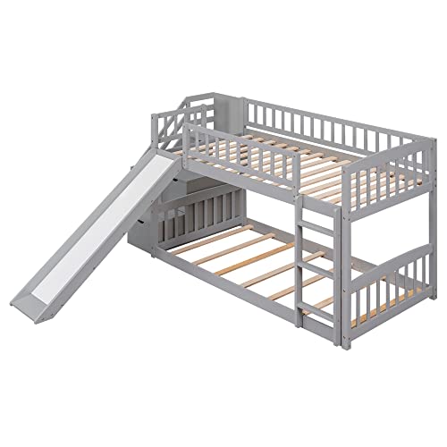 Twin Size Wood Loft Bed with Slide and Storage Shelves Q270053