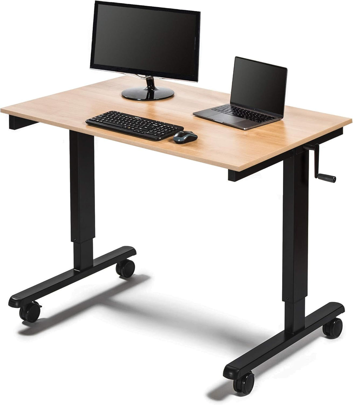 Crank Adjustable Height Rolling Standing Desk, Curved Bamboo Top, 48" Wide N106