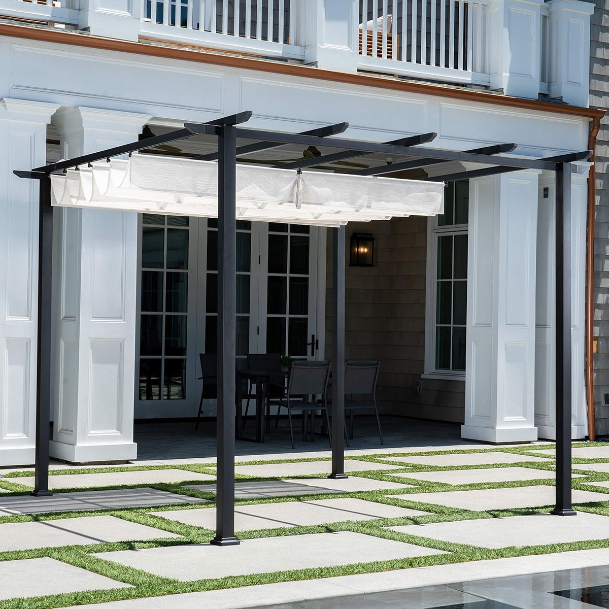 Aluminum and Steel Pergola with Adjustable Sling Canopy V56333