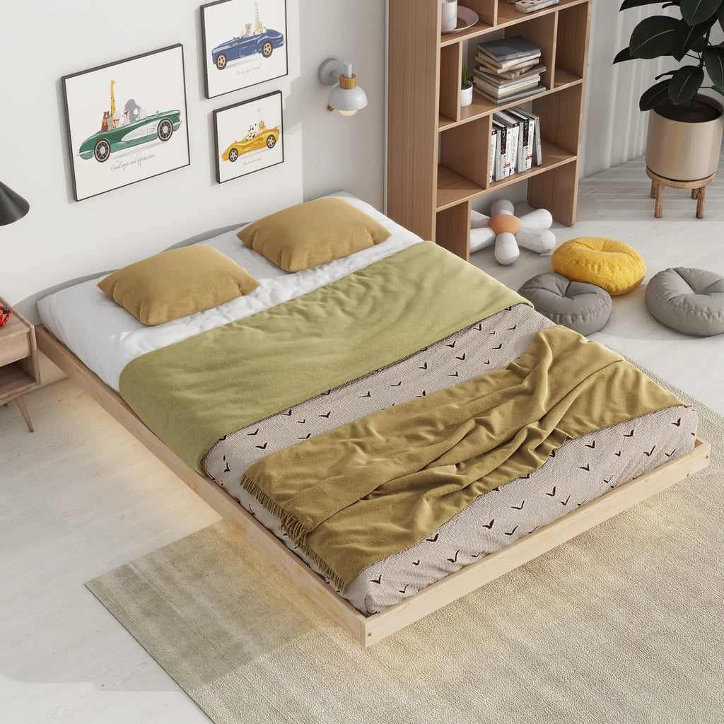 Full Size Grey Pinewood Floating Platform Bed with LED Lights B271303