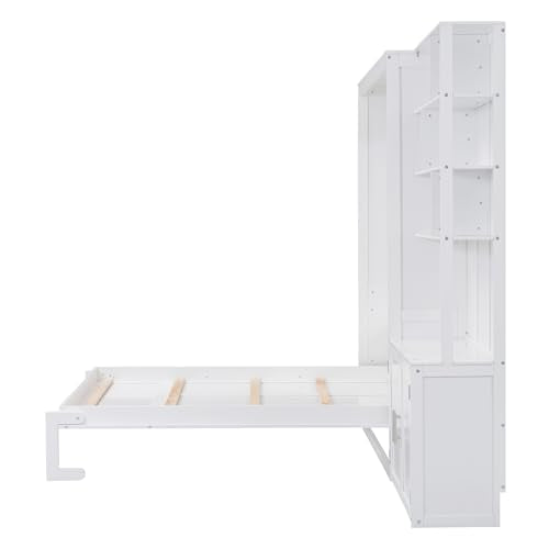 White Full Size Wood Murphy Bed with Storage Shelves and Cabinet Z180514