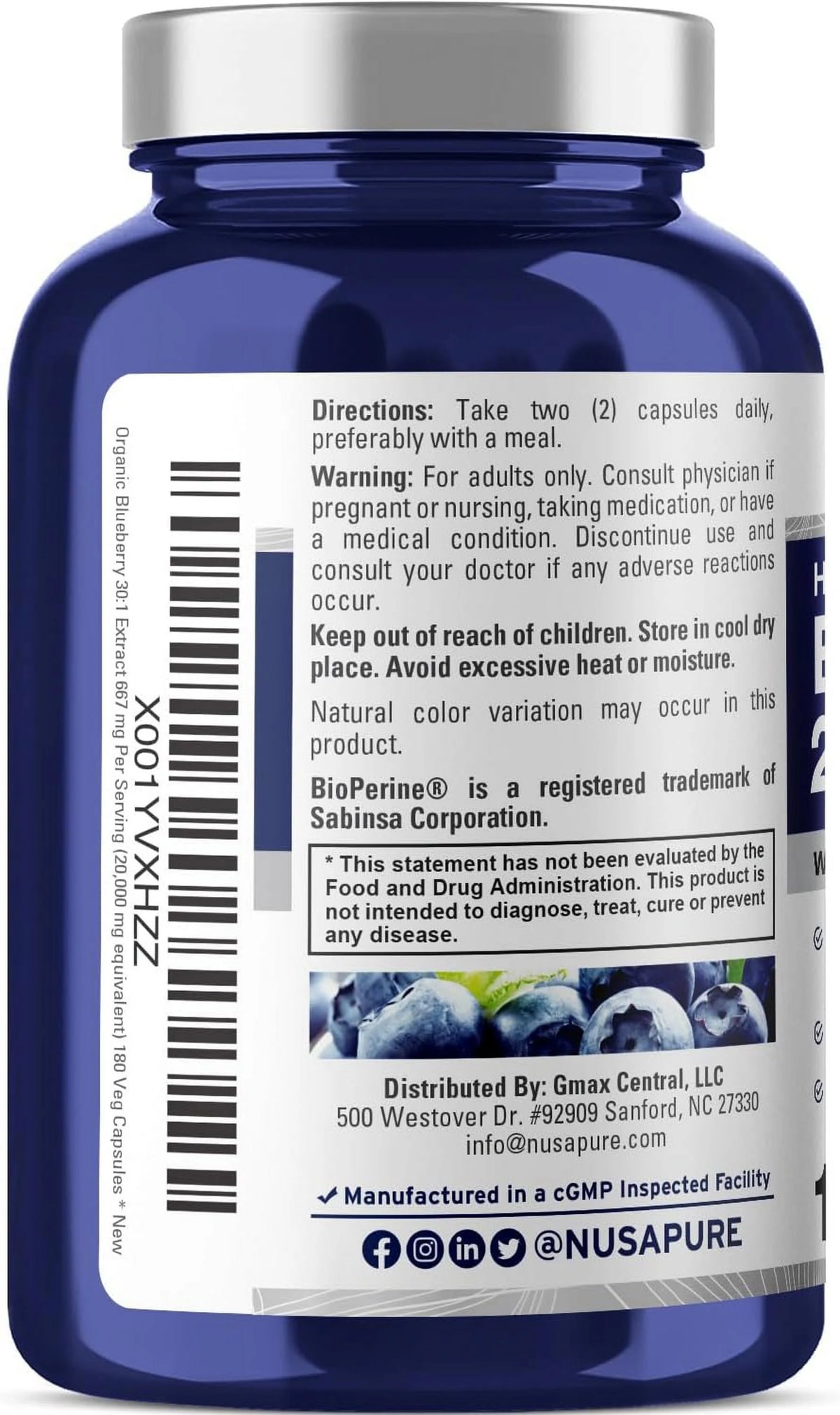 Blueberry Concentrate 20,000mg 180 Veggie Capsules Z372