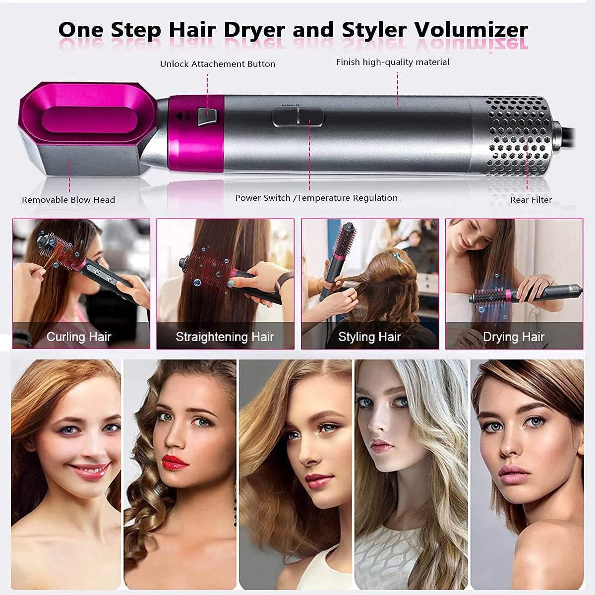 Purple 5-in-1 Electric Hair Dryer Brush with Detachable Brush Heads K9232