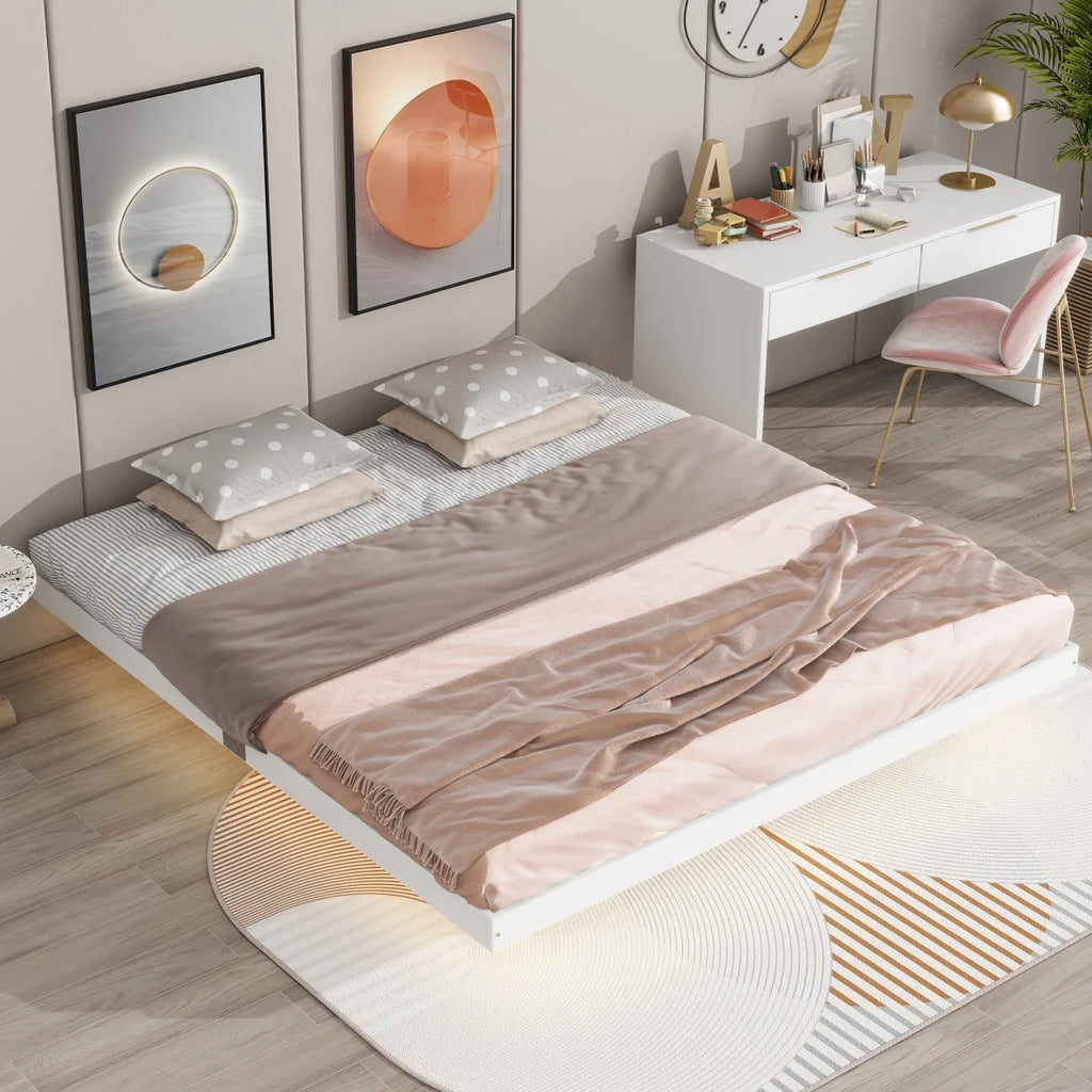Full Size Grey Pinewood Floating Platform Bed with LED Lights B271303