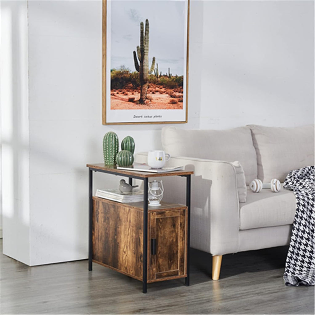 Rustic Brown Wooden End Table with Shelf and Storage Cabinet O153